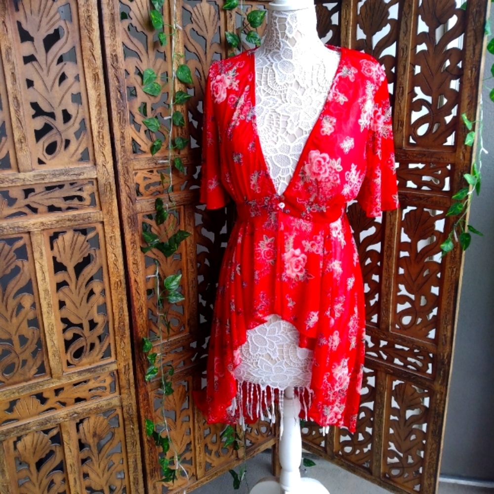 Red Floral Tunic Summer Cardigan